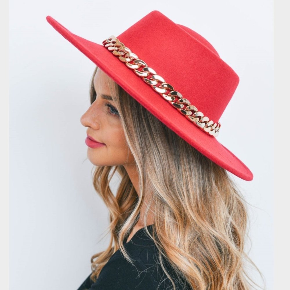 Red Wide Brim Bolero Felt Fedora Panama Hat with a Fashionable Gold Chain Accent - Picture 5 of 12